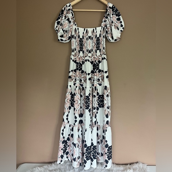 {Sunday Up} Smocked Off The Shoulder Puff Sleeve Floral Midi Dress - Size Small - Picture 5 of 9